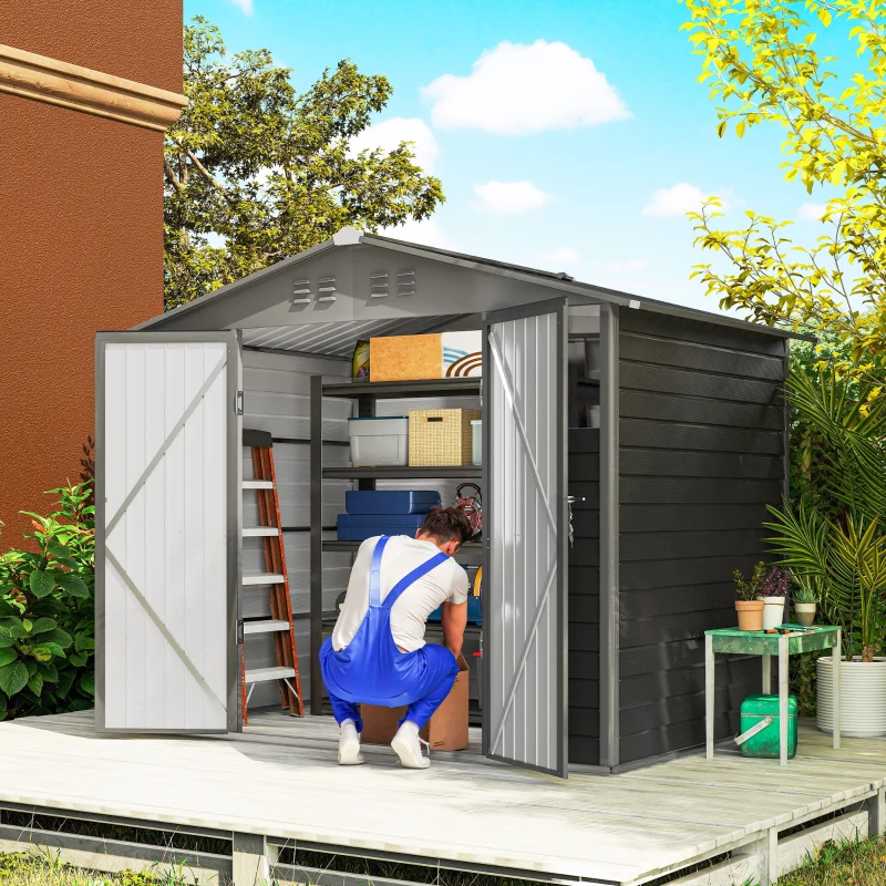 Outsunny 8' x 6' Outdoor Storage Shed, Metal Garden Shed with 2 Windows, 4 Vents, Lockable Doors and Gloves, Dark Grey