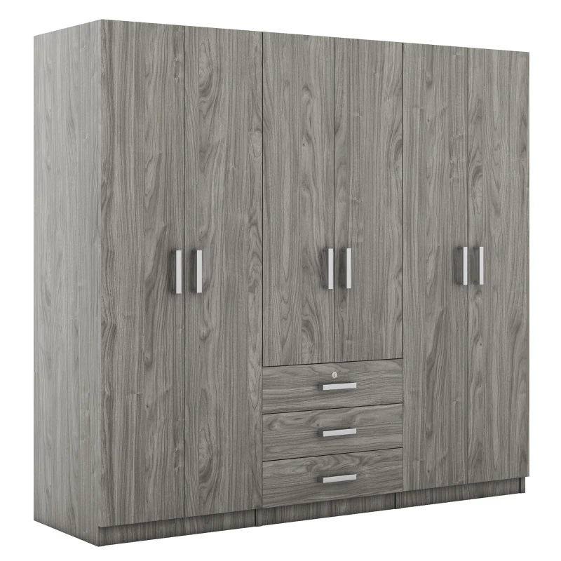 6-Door Wooden Wardrobe with 3 Drawers, MDF Construction, Compact Design, Space-Saving Bedroom Storage, 71" L x 19" W x 68" H, Grey