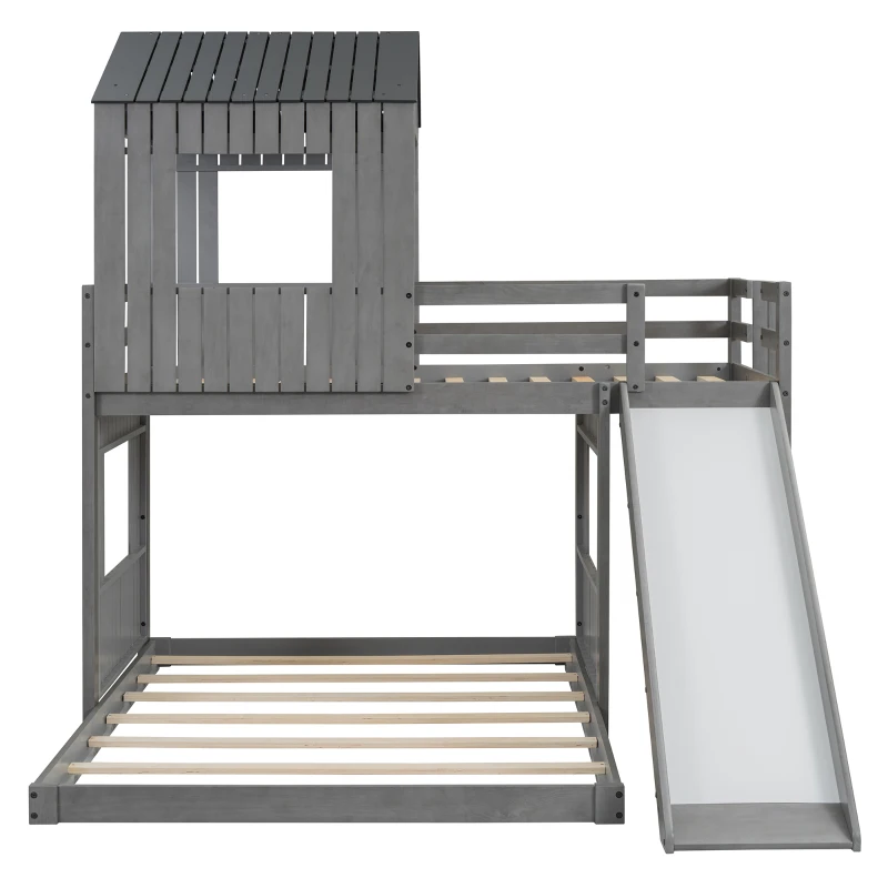 Wooden Twin Over Full Bunk Bed with Playhouse, Farmhouse Style Loft Bed with Ladder, Guardrails, 82" L x 89" W x 82.5" H, Antique Grey