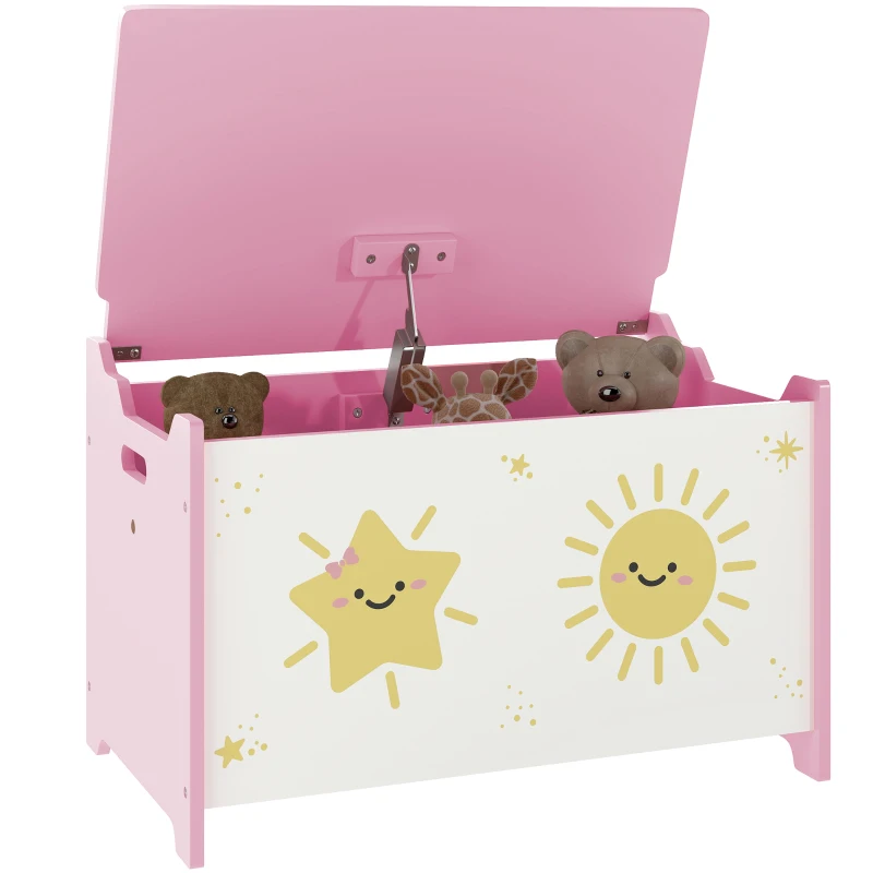 Qaba Toy Chest, Kids Storage Chest with Lid, Safety Hinges and Groove Handles for Boys, Girls, Pink