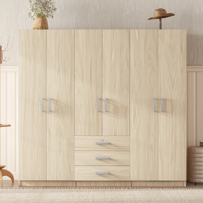 6-Door Wooden Wardrobe with 3 Drawers, MDF Construction, Silver Handles, Space-Saving Bedroom Storage, 71" L x 19" W x 68" H, Natural