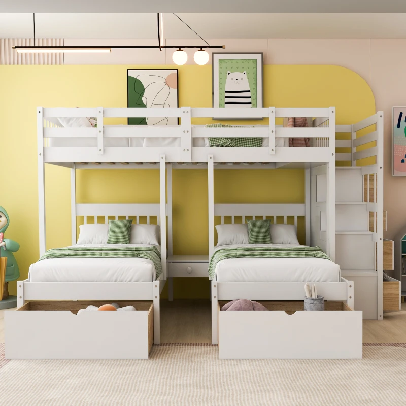 Full Over Twin Bed with Storage Drawers, Sturdy Pine Wood Frame, Twin Triple Bunk Bed with Guardrails, 115" L x 76" W x 64.5" H, White