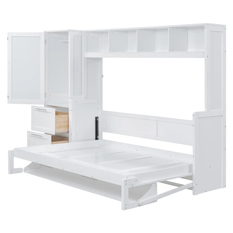 Queen Size Murphy Bed with Side Flip, Closet and Drawers, Space-saving Wall Bed with Integrated Storage, 112" L x 21.5" W x 78.5" H, White