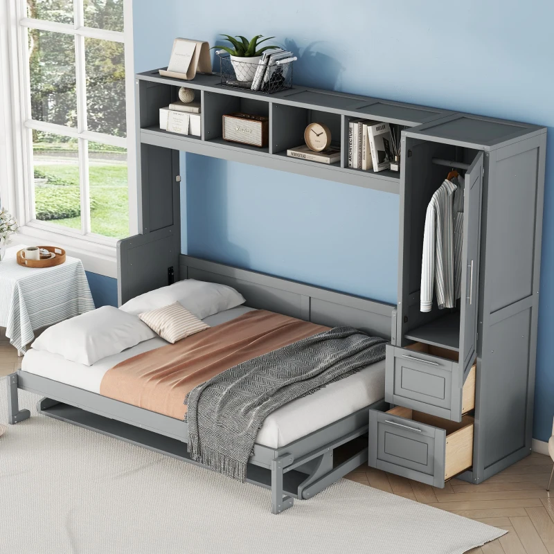 Full Size Murphy Bed with Closet and Drawers, Space-Saving Design and Integrated Storage, 107.5" L x 58" W x 72" H, Grey