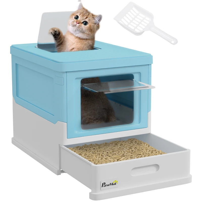 PawHut Top Entry Enclosed Kitty Litter Box with Scoop, Tray, Front Entry, Large Space, Foldable, Portable, Blue