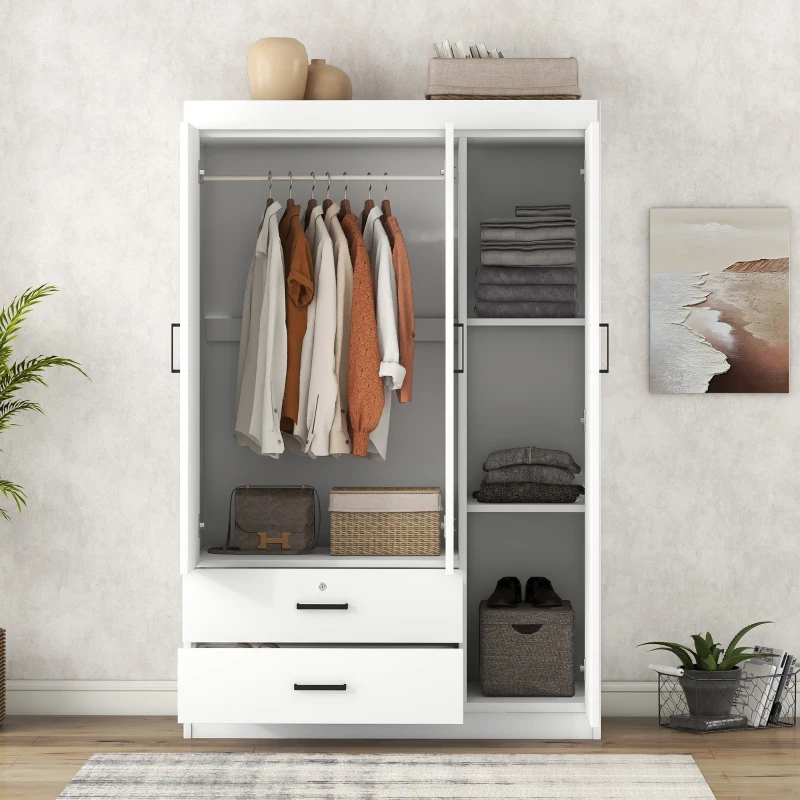 3-Door Wardrobe with 2 Drawers and MDF Construction, Modern Design with Shelves and Hanging Rail, 41.5" L x 18.5" W x 68" H, White