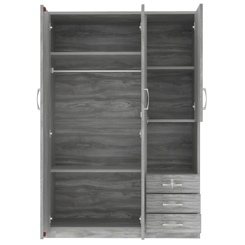 2-Door Wooden Wardrobe with Shelves and 3 Drawers, Built-in Hanging Rod, Safe and Stable Design, 47" L x 20" W x 69" H, Grey