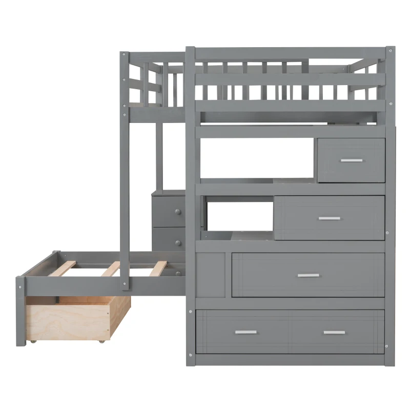 Full Over Twin Bunk Bed with Study Desk, Drawers and Shelves, Space-Saving Design, Ideal for Kids' Room, 98" L x 80" W x 64.5" H, Grey