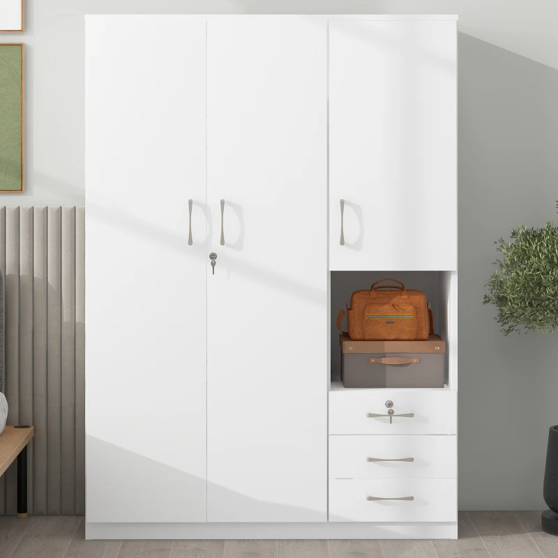 2-Door Wooden Wardrobe with Shelves and 3 Drawers, Built-in Hanging Rod and Lockable Drawer, 47" L x 20" W x 69" H, White