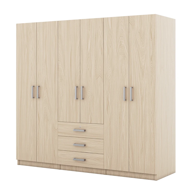 6-Door Wooden Wardrobe with 3 Drawers, MDF Construction, Silver Handles, Space-Saving Bedroom Storage, 71" L x 19" W x 68" H, Natural