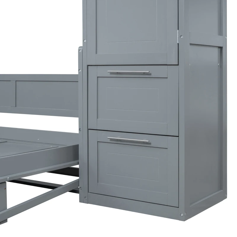 Full Size Murphy Bed with Closet and Drawers, Space-Saving Design and Integrated Storage, 107.5" L x 58" W x 72" H, Grey