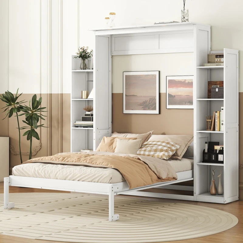 Full Size Murphy Bed with Shelves and LED Lights, Space-Saving Wall Bed with Flexible Slats, 91" L x 81" W x 84" H, White