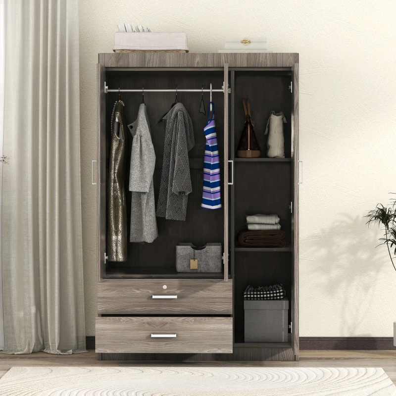 3-Door Wardrobe with 2 Drawers and MDF Construction, Modern Design with Hanging Rail and Shelves, 41.5" L x 18.5" W x 68" H, Grey