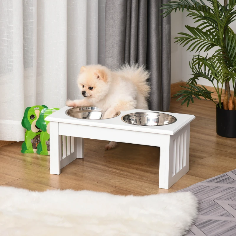 PawHut Deluxe Double Pet Dog Bowl Feeding Station Wooden Stand Pet Feeder Elevated Base Twin Bowls Stainless Steel, White