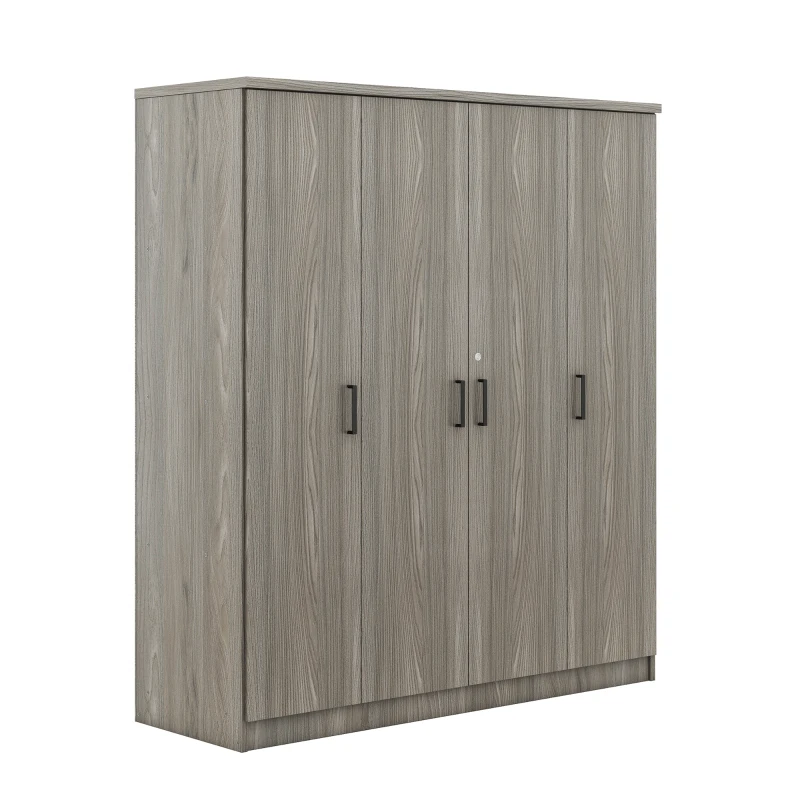 4-Door Wardrobe with Hanging Rail, Locking Drawer, Black Handles, MDF Construction, Ideal for Small Bedrooms, 59" L x 20" W x 68" H, Grey