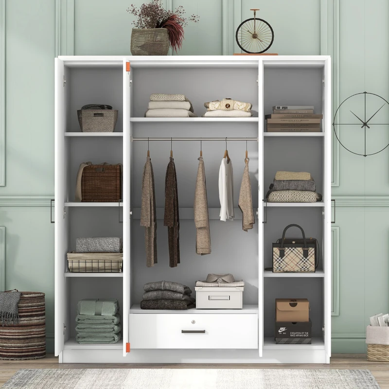 4-Door Wardrobe with Ample Storage, Hanging Rail, Black Handles, MDF Construction, Ideal for Bedroom Decor, 59" L x 20" W x 68" H, White