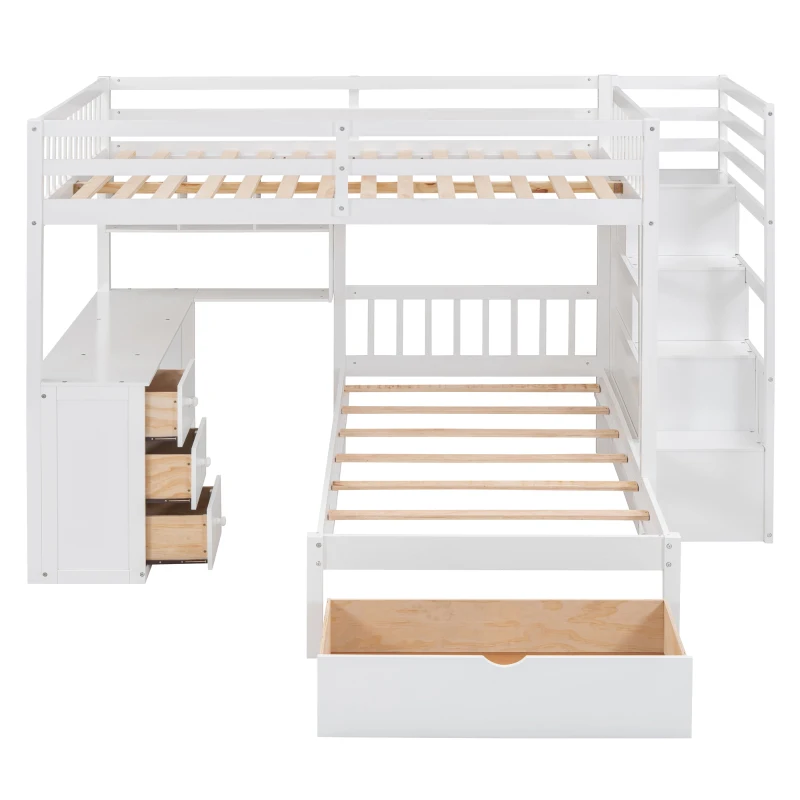 Full Over Twin Bunk Bed with Desk, Drawers and Shelves, Integrated Study Space, Space-Saving Design, 98" L x 80" W x 64.5" H, White