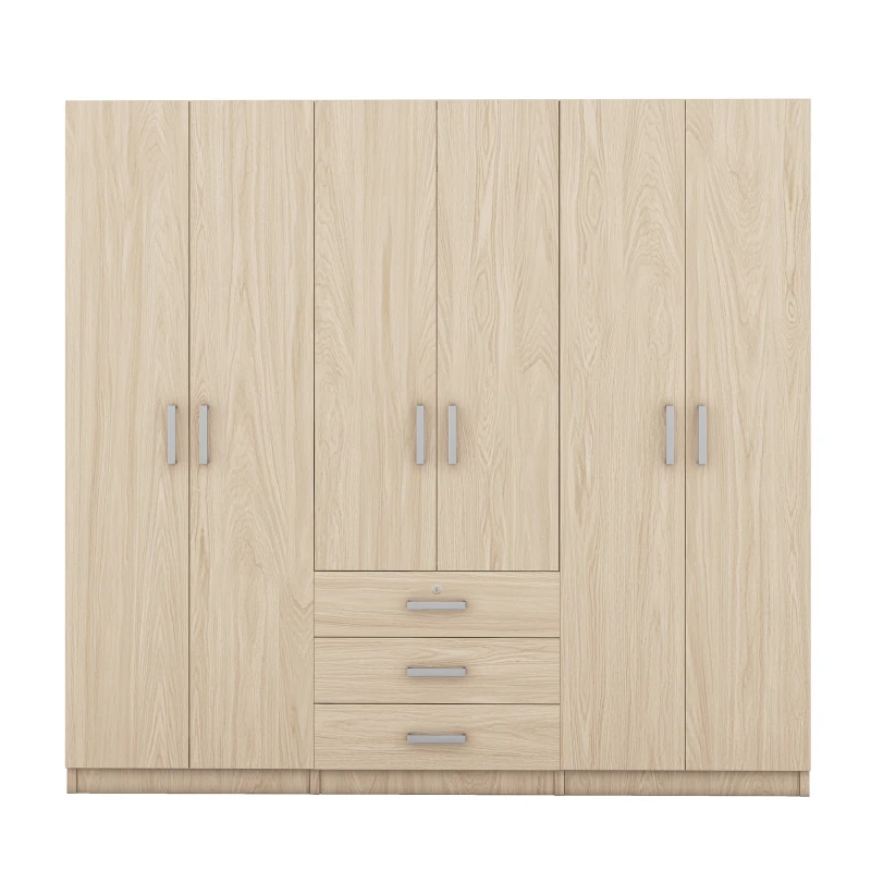 6-Door Wooden Wardrobe with 3 Drawers, MDF Construction, Silver Handles, Space-Saving Bedroom Storage, 71" L x 19" W x 68" H, Natural