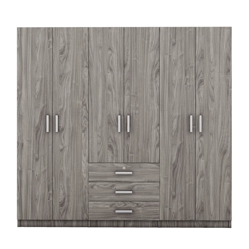6-Door Wooden Wardrobe with 3 Drawers, MDF Construction, Compact Design, Space-Saving Bedroom Storage, 71" L x 19" W x 68" H, Grey