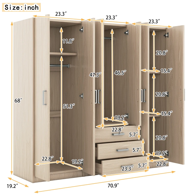 6-Door Wooden Wardrobe with 3 Drawers, MDF Construction, Silver Handles, Space-Saving Bedroom Storage, 71" L x 19" W x 68" H, Natural