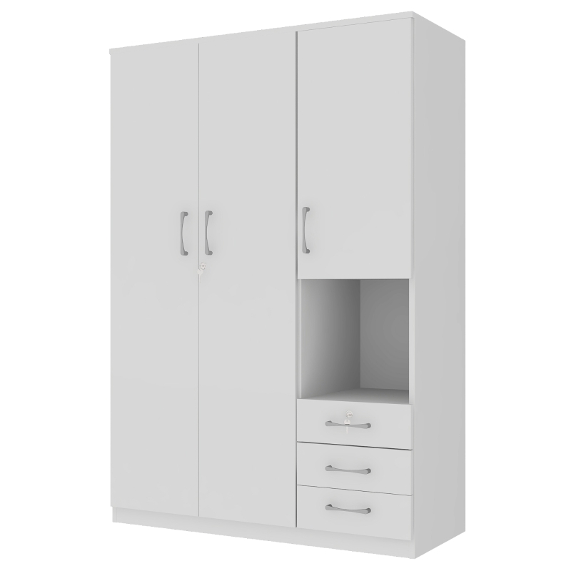 2-Door Wooden Wardrobe with Shelves and 3 Drawers, Built-in Hanging Rod and Lockable Drawer, 47" L x 20" W x 69" H, White