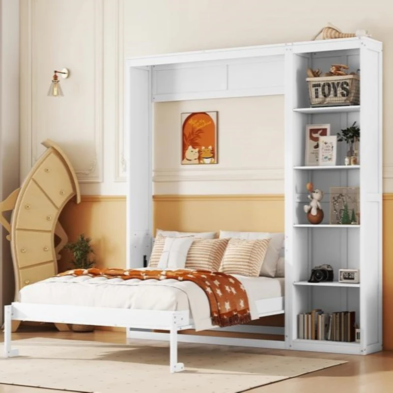 Full Size Murphy Bed with Dual Piston Mechanism, Storage Shelves, Space-Saving Wall Bed with Flexible Slats, 87.5" L x 16" W x 84" H, White