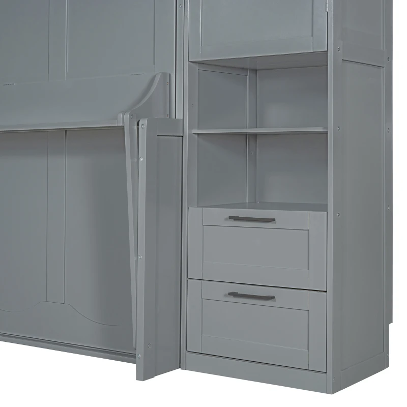 Modern Queen Size Murphy Bed with Closet, Drawers and Shelves, Space-saving Wall Bed with Integrated Storage, 114" L x 17" W x 87" H, Grey