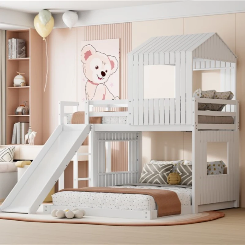 Wooden Twin Over Full Bunk Bed with Playhouse, Farmhouse Style Loft Bed with Ladder, Slide and Guardrails, 82" L x 89" W x 82.5" H, White