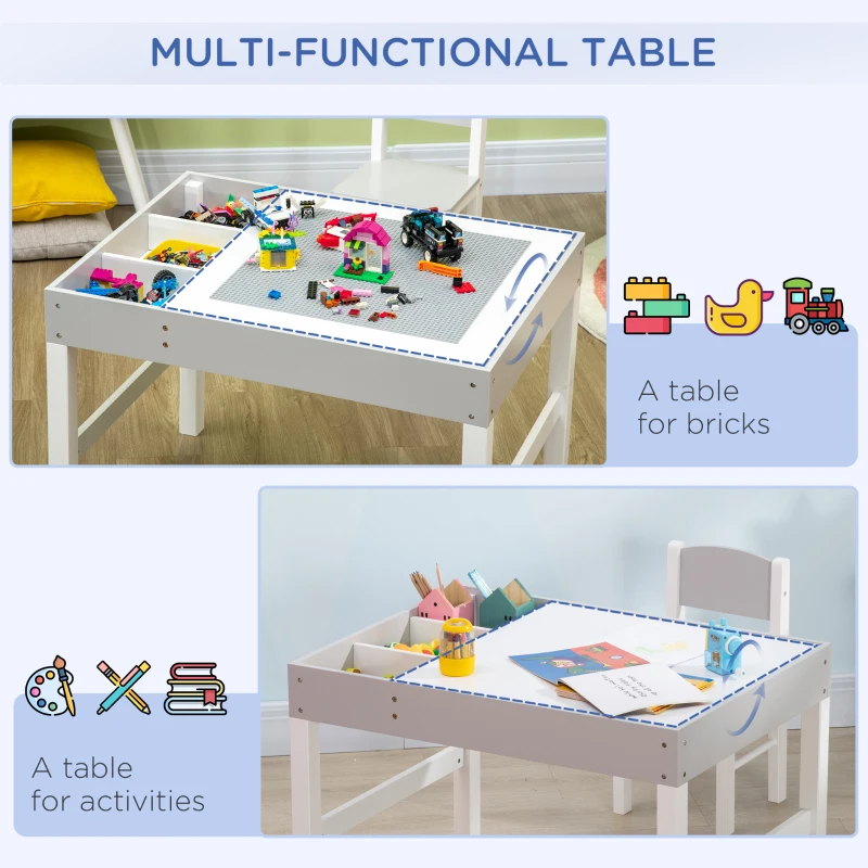 Qaba 2 in 1 Kids Activity Table with Storage, Kids Building Block Table for Play, Crafts, Studying, Snacks, Toddler Table and Chair Set Playroom, Gray