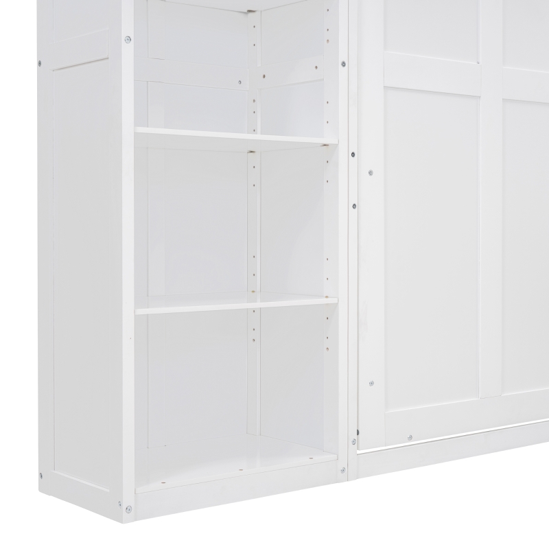 Full Size Murphy Bed with Dual Piston Mechanism, Storage Shelves, Space-Saving Wall Bed with Flexible Slats, 87.5" L x 16" W x 84" H, White