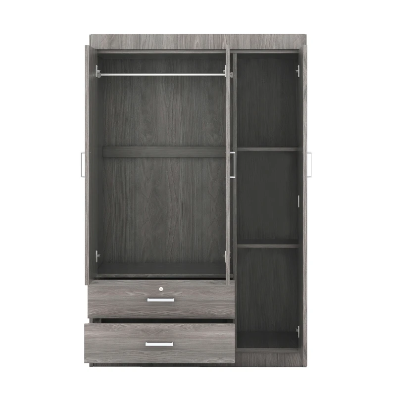 3-Door Wardrobe with 2 Drawers and MDF Construction, Modern Design with Hanging Rail and Shelves, 41.5" L x 18.5" W x 68" H, Grey
