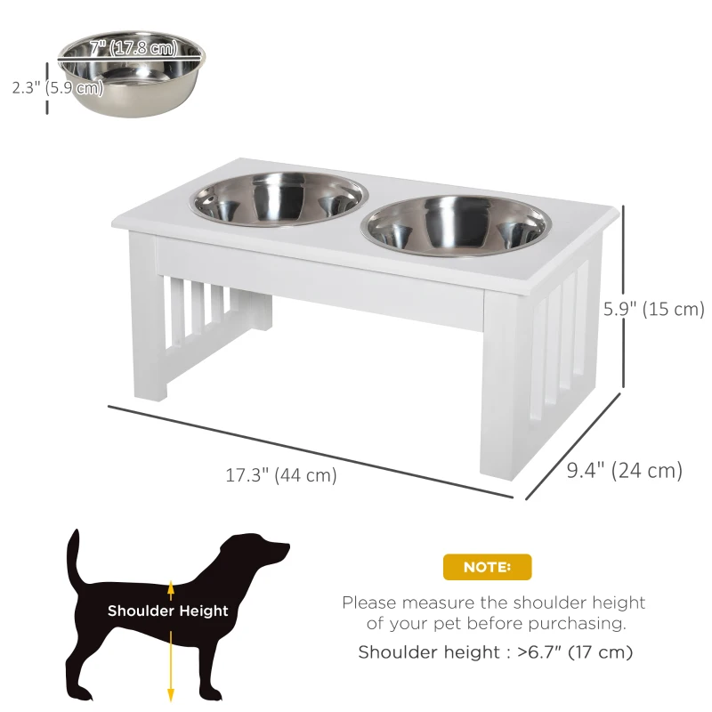 PawHut Deluxe Double Pet Dog Bowl Feeding Station Wooden Stand Pet Feeder Elevated Base Twin Bowls Stainless Steel, White