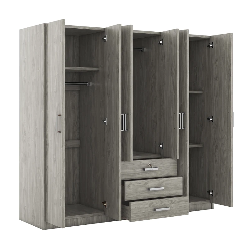 6-Door Wooden Wardrobe with 3 Drawers, MDF Construction, Compact Design, Space-Saving Bedroom Storage, 71" L x 19" W x 68" H, Grey