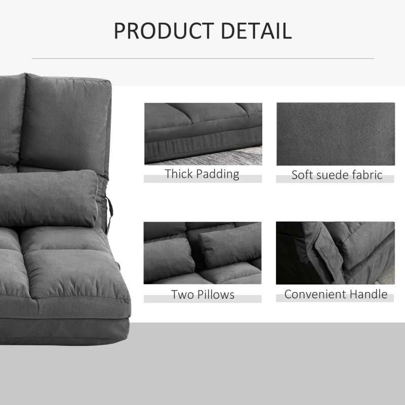 HOMCOM Convertible Recliner Sofa, Folding Floor Sofa Chair with Adjustable Backrest and Headrest, Dark Gray