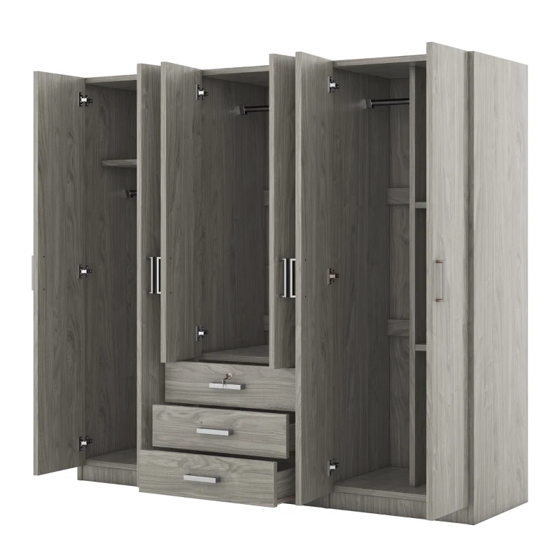 6-Door Wooden Wardrobe with 3 Drawers, MDF Construction, Compact Design, Space-Saving Bedroom Storage, 71" L x 19" W x 68" H, Grey