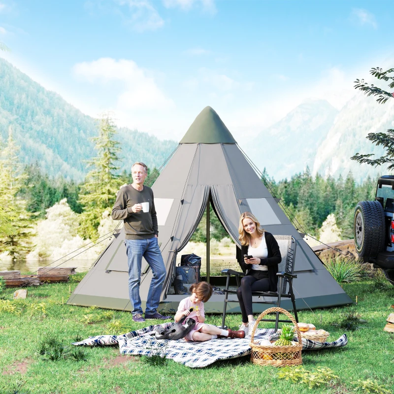 Outsunny 6 People Camping in a Family Teepee Tent with Mesh Windows, Tent Floor, Door and Carry Bag for Hiking, Picnic, Grey