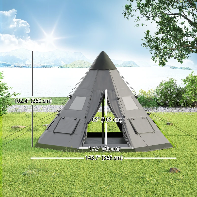 Outsunny 6 People Camping in a Family Teepee Tent with Mesh Windows, Tent Floor, Door and Carry Bag for Hiking, Picnic, Grey