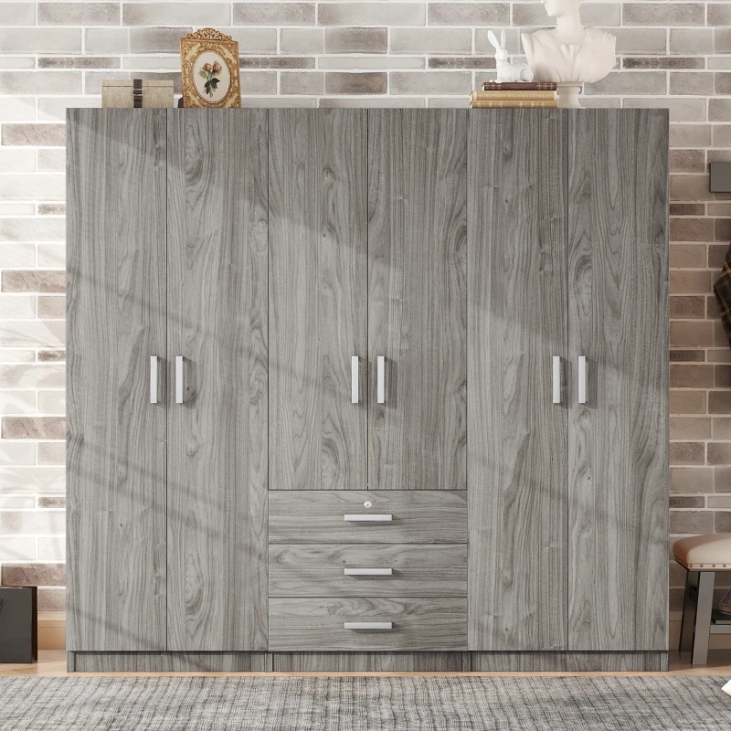 6-Door Wooden Wardrobe with 3 Drawers, MDF Construction, Compact Design, Space-Saving Bedroom Storage, 71" L x 19" W x 68" H, Grey
