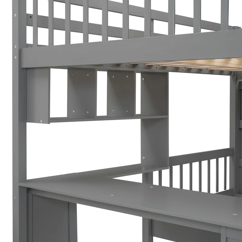Full Over Twin Bunk Bed with Study Desk, Drawers and Shelves, Space-Saving Design, Ideal for Kids' Room, 98" L x 80" W x 64.5" H, Grey
