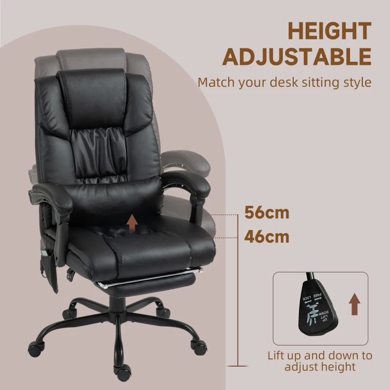 Vinsetto 6-Point Vibration Massage Chair, Height Adjustable Reclining Computer Chair with Retractable Footrest, Black