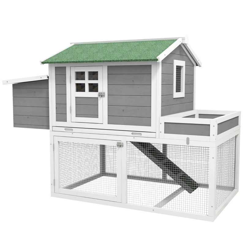 PawHut Wooden Chicken Coop for Outdoor Backyard with Raised Garden Bed, Run Area, Nesting Box Removable Tray, Gray
