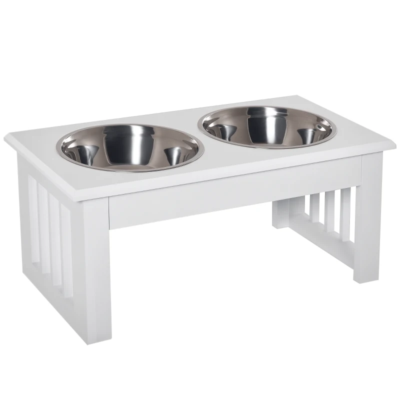 PawHut Deluxe Double Pet Dog Bowl Feeding Station Wooden Stand Pet Feeder Elevated Base Twin Bowls Stainless Steel, White