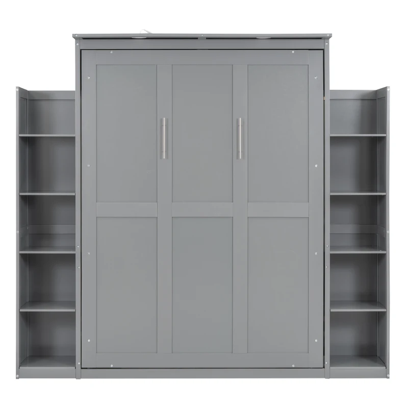 Full Size Murphy Bed with Shelves, LED Lights, Space-Saving Wall Bed with Flexible Slats, Dual Piston Mechanism, 91" L x 81" W x 84" H, Grey