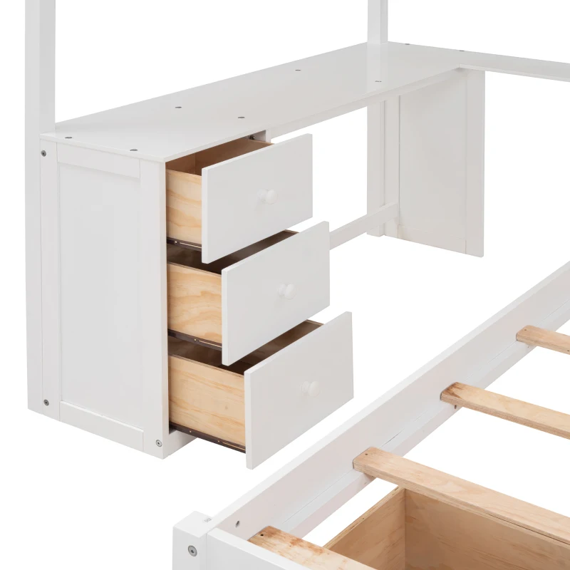 Full Over Twin Bunk Bed with Desk, Drawers and Shelves, Integrated Study Space, Space-Saving Design, 98" L x 80" W x 64.5" H, White