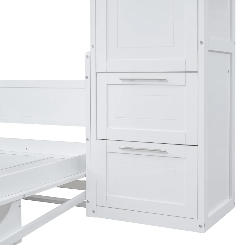 Queen Size Murphy Bed with Side Flip, Closet and Drawers, Space-saving Wall Bed with Integrated Storage, 112" L x 21.5" W x 78.5" H, White