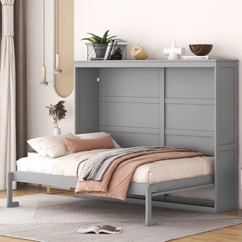 Full Size Murphy Bed with Cabinet, Space-Saving Wall Bed with Flexible Slats and Dual Piston Mechanism, 77.5" L x 61.5" W x 62" H, Grey