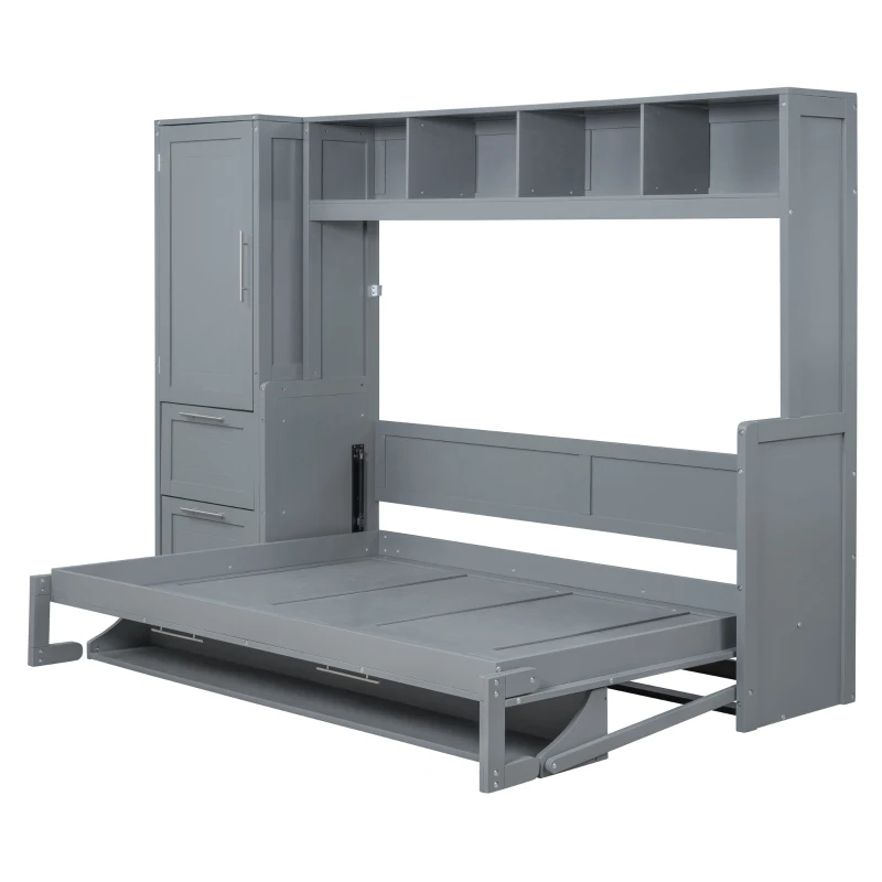 Full Size Murphy Bed with Closet and Drawers, Space-Saving Design and Integrated Storage, 107.5" L x 58" W x 72" H, Grey