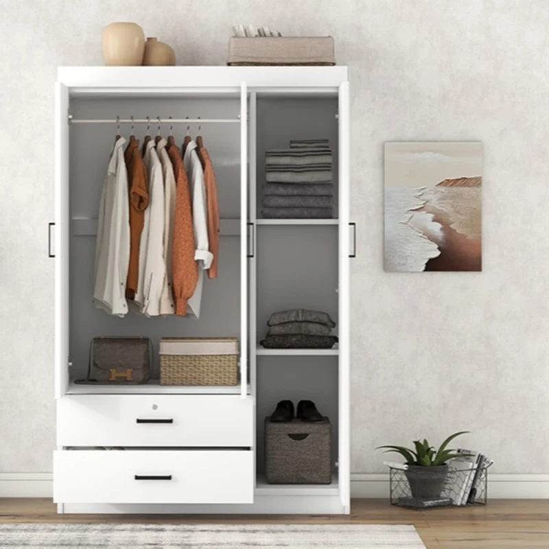3-Door Wardrobe with 2 Drawers and MDF Construction, Modern Design with Shelves and Hanging Rail, 41.5" L x 18.5" W x 68" H, White