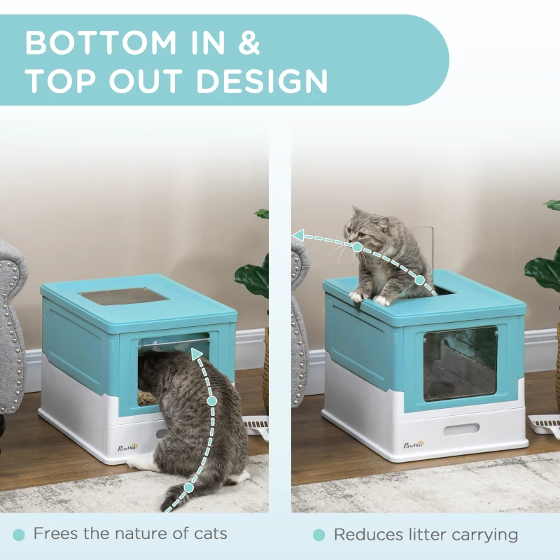 PawHut Top Entry Enclosed Kitty Litter Box with Scoop, Tray, Front Entry, Large Space, Foldable, Portable, Blue