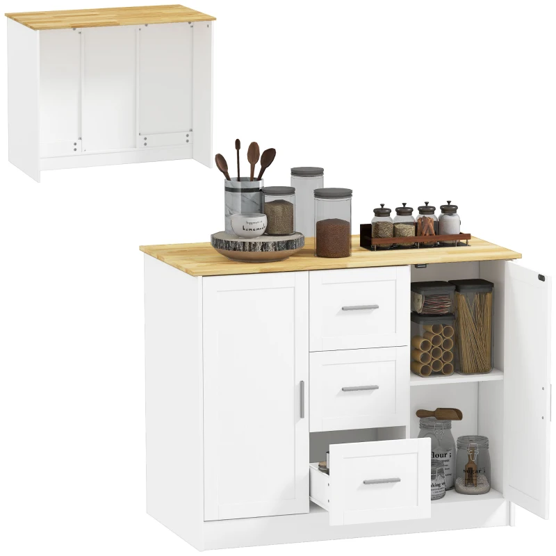 HOMCOM Kitchen Island with Storage Cabinets, 3 Drawers, 2 Adjustable Shelves and Sitting Space for Dining Room, White
